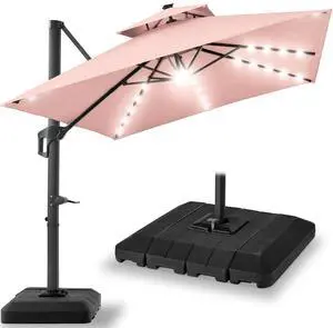 10x10ft Cantilever Patio Umbrella w/Base Included, Solar LED Lights 360 Rotation Large Offset Hanging Outdoor Shade for Deck Pool Backyard w/Stand Rose Quartz 10x10ft Cantilever Patio Umbrella w/Base Included, Solar LED Lights 360 Rotation Large Offset Hanging Outdoor Shade for Deck Pool Backyard w/Stand Rose Quartz