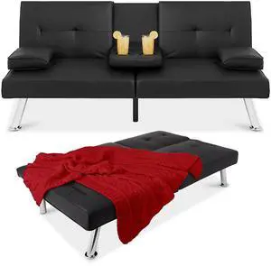 Faux Leather Upholstered Modern Convertible Futon, Adjustable Folding Sofa Bed, Guest Bed w/Removable Armrests - Black Faux Leather Upholstered Modern Convertible Futon, Adjustable Folding Sofa Bed, Guest Bed w/Removable Armrests - Black