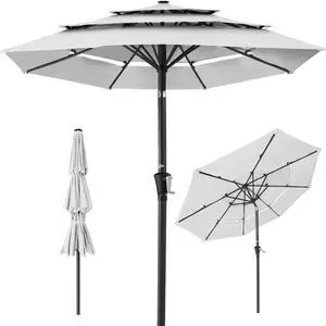 10ft 3-Tier Market Patio Umbrella, Outdoor Sun Shade with Tilt, Crank Lift, 8 Ribs for Backyard, Deck, Poolside Fog Gray 10ft 3-Tier Market Patio Umbrella, Outdoor Sun Shade with Tilt, Crank Lift, 8 Ribs for Backyard, Deck, Poolside Fog Gray