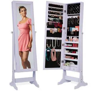 Freestanding Jewelry Armoire Cabinet, Full Length Standing Mirror, Lockable Makeup Storage Organizer, w/Velvet Lining, 3 Angles, Lock, Accessory Pouch, 5 Shelves - Lavender Freestanding Jewelry Armoire Cabinet, Full Length Standing Mirror, Lockable Makeup Storage Organizer, w/Velvet Lining, 3 Angles, Lock, Accessory Pouch, 5 Shelves - Lavender