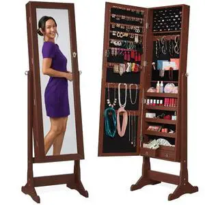 Freestanding Jewelry Armoire Cabinet, Full Length Standing Mirror, Lockable Makeup Storage Organizer, w/Velvet Lining, 3 Angles, Lock, Accessory Pouch, 5 Shelves - Walnut Freestanding Jewelry Armoire Cabinet, Full Length Standing Mirror, Lockable Makeup Storage Organizer, w/Velvet Lining, 3 Angles, Lock, Accessory Pouch, 5 Shelves - Walnut