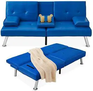 Faux Leather Upholstered Modern Convertible Futon, Adjustable Folding Sofa Bed, Guest Bed w/Removable Armrests - Royal Blue Faux Leather Upholstered Modern Convertible Futon, Adjustable Folding Sofa Bed, Guest Bed w/Removable Armrests - Royal Blue
