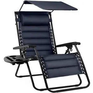Oversized Padded Zero Gravity Chair w/Canopy Headrest Cup Holder Side Tray, Folding Outdoor Patio Recliner Lounger - Navy Blue Oversized Padded Zero Gravity Chair w/Canopy Headrest Cup Holder Side Tray, Folding Outdoor Patio Recliner Lounger - Navy Blue