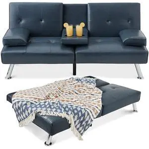 Faux Leather Upholstered Modern Convertible Futon, Adjustable Folding Sofa Bed, Guest Bed w/Removable Armrests - Blue Faux Leather Upholstered Modern Convertible Futon, Adjustable Folding Sofa Bed, Guest Bed w/Removable Armrests - Blue
