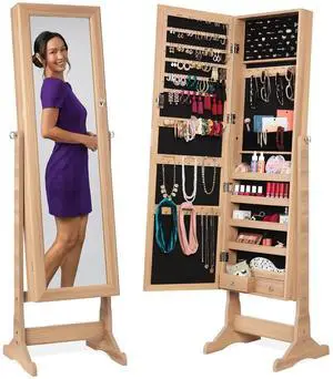 Freestanding Jewelry Armoire Cabinet, Full Length Standing Mirror, Lockable Makeup Storage Organizer, w/Velvet Lining, 3 Angles, Lock, Accessory Pouch, 5 Shelves - Natural Oak Freestanding Jewelry Armoire Cabinet, Full Length Standing Mirror, Lockable Makeup Storage Organizer, w/Velvet Lining, 3 Angles, Lock, Accessory Pouch, 5 Shelves - Natural Oak
