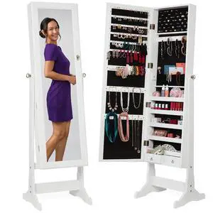 Freestanding Jewelry Armoire Cabinet, Full Length Standing Mirror, Lockable Makeup Storage Organizer, w/Velvet Lining, 3 Angles, Lock, Accessory Pouch, 5 Shelves - White Freestanding Jewelry Armoire Cabinet, Full Length Standing Mirror, Lockable Makeup Storage Organizer, w/Velvet Lining, 3 Angles, Lock, Accessory Pouch, 5 Shelves - White