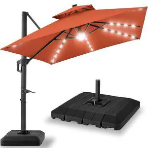 10x10ft Cantilever Patio Umbrella w/Base Included, Solar LED Lights 360 Rotation Large Offset Hanging Outdoor Shade for Deck Pool Backyard w/Stand Rust 10x10ft Cantilever Patio Umbrella w/Base Included, Solar LED Lights 360 Rotation Large Offset Hanging Outdoor Shade for Deck Pool Backyard w/Stand Rust