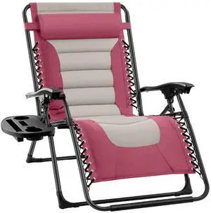 Oversized Padded Zero Gravity Chair, Folding Outdoor Patio Recliner, XL Anti Gravity Lounger for Backyard w/Headrest, Cup Holder, Side Tray, Polyester Mesh - Pink/Taupe Oversized Padded Zero Gravity Chair, Folding Outdoor Patio Recliner, XL Anti Gravity Lounger for Backyard w/Headrest, Cup Holder, Side Tray, Polyester Mesh - Pink/Taupe