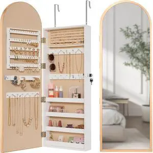 Arch Mirror Jewelry Cabinet, Jewelry Storage Organizer, Armoire, Lockable Wall or Door Mountable, Full-Length Mirror - Gold Arch Mirror Jewelry Cabinet, Jewelry Storage Organizer, Armoire, Lockable Wall or Door Mountable, Full-Length Mirror - Gold
