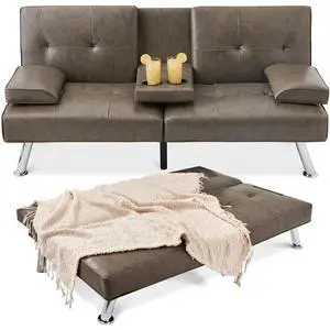 Faux Leather Upholstered Modern Convertible Futon, Adjustable Folding Sofa Bed, Guest Bed w/Removable Armrests - Gray Faux Leather Upholstered Modern Convertible Futon, Adjustable Folding Sofa Bed, Guest Bed w/Removable Armrests - Gray