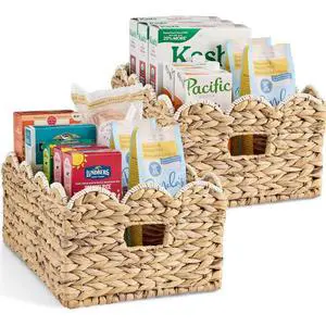 16x12 Scalloped Shelf Baskets, Woven Storage Bins, Storage Organizers for Pantry, Living Room, Bedroom, Nursery & Laundry, 2 Pack - Natural with White Trim 16x12 Scalloped Shelf Baskets, Woven Storage Bins, Storage Organizers for Pantry, Living Room, Bedroom, Nursery & Laundry, 2 Pack - Natural with White Trim