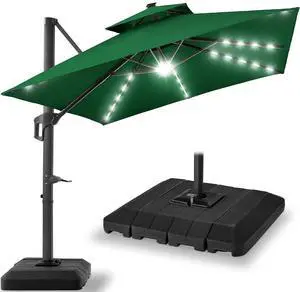 9x12ft LED Cantilever Patio Umbrella w/Base Included & 360° Rotation, Large Solar Offset Hanging Outdoor Sun Shade for Deck, Backyard Table w/Stand & Lights Green 9x12ft LED Cantilever Patio Umbrella w/Base Included & 360° Rotation, Large Solar Offset Hanging Outdoor Sun Shade for Deck, Backyard Table w/Stand & Lights Green