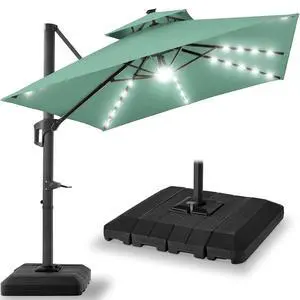10x10ft Cantilever Patio Umbrella w/Base Included, Solar LED Lights 360 Rotation Large Offset Hanging Outdoor Shade for Deck Pool Backyard w/Stand Seaglass 10x10ft Cantilever Patio Umbrella w/Base Included, Solar LED Lights 360 Rotation Large Offset Hanging Outdoor Shade for Deck Pool Backyard w/Stand Seaglass