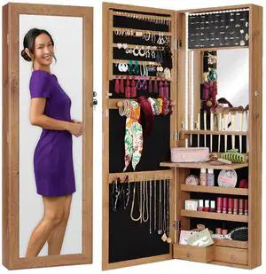 LED Mirror Jewelry Cabinet, Tall Lockable Wall or Door Mounted Jewelry Armoire Organizer with Mirror, 2 Drawers, Lock, Cosmetic Tray, Shelves - Rustic Brown LED Mirror Jewelry Cabinet, Tall Lockable Wall or Door Mounted Jewelry Armoire Organizer with Mirror, 2 Drawers, Lock, Cosmetic Tray, Shelves - Rustic Brown