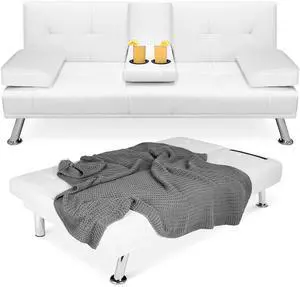 Faux Leather Upholstered Modern Convertible Futon, Adjustable Folding Sofa Bed, Guest Bed w/Removable Armrests - White Faux Leather Upholstered Modern Convertible Futon, Adjustable Folding Sofa Bed, Guest Bed w/Removable Armrests - White