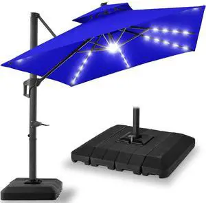 10x10ft Cantilever Patio Umbrella w/Base Included, Solar LED Lights 360 Rotation Large Offset Hanging Outdoor Shade for Deck Pool Backyard w/Stand Resort Blue 10x10ft Cantilever Patio Umbrella w/Base Included, Solar LED Lights 360 Rotation Large Offset Hanging Outdoor Shade for Deck Pool Backyard w/Stand Resort Blue