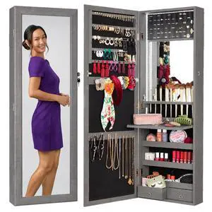 LED Mirror Jewelry Cabinet, Tall Lockable Wall or Door Mounted Jewelry Armoire Organizer with Mirror, 2 Drawers, Lock, Cosmetic Tray, Shelves - Gray Oak LED Mirror Jewelry Cabinet, Tall Lockable Wall or Door Mounted Jewelry Armoire Organizer with Mirror, 2 Drawers, Lock, Cosmetic Tray, Shelves - Gray Oak