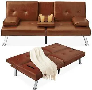Faux Leather Upholstered Modern Convertible Futon, Adjustable Folding Sofa Bed, Guest Bed w/Removable Armrests - Medium Brown Faux Leather Upholstered Modern Convertible Futon, Adjustable Folding Sofa Bed, Guest Bed w/Removable Armrests - Medium Brown