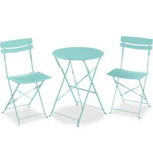 3-Piece Bistro Set, Space Saving Folding Design, Solid Steel, Outdoor Patio Furniture Set w/ 2 Chairs, Bistro Table - Aqua Blue 3-Piece Bistro Set, Space Saving Folding Design, Solid Steel, Outdoor Patio Furniture Set w/ 2 Chairs, Bistro Table - Aqua Blue