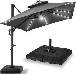 12x12ft LED Cantilever Patio Umbrella w/Base Included & 360° Rotation, Large Solar Offset Hanging Outdoor Sun Shade for Deck, Backyard Table w/Stand & Lights Gray 12x12ft LED Cantilever Patio Umbrella w/Base Included & 360° Rotation, Large Solar Offset Hanging Outdoor Sun Shade for Deck, Backyard Table w/Stand & Lights Gray