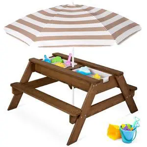 Kids Picnic Table with Umbrella, 3-in-1 Sand & Water Table, Outdoor Convertible Picnic Table for Toddlers, Seats 4, Removable Top, 2 Buckets - Beige Kids Picnic Table with Umbrella, 3-in-1 Sand & Water Table, Outdoor Convertible Picnic Table for Toddlers, Seats 4, Removable Top, 2 Buckets - Beige