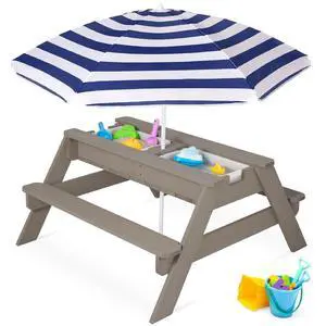Kids Picnic Table with Umbrella, 3-in-1 Sand & Water Table, Outdoor Convertible Picnic Table for Toddlers, Seats 4, Removable Top, 2 Buckets - Gray Kids Picnic Table with Umbrella, 3-in-1 Sand & Water Table, Outdoor Convertible Picnic Table for Toddlers, Seats 4, Removable Top, 2 Buckets - Gray