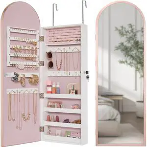 Arch Mirror Jewelry Cabinet, Jewelry Storage Organizer, Armoire, Lockable Wall or Door Mountable, Full-Length Mirror - Rose Gold Arch Mirror Jewelry Cabinet, Jewelry Storage Organizer, Armoire, Lockable Wall or Door Mountable, Full-Length Mirror - Rose Gold