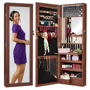 LED Mirror Jewelry Cabinet, Tall Lockable Wall or Door Mounted Jewelry Armoire Organizer with Mirror, 2 Drawers, Lock, Cosmetic Tray, Shelves - Walnut LED Mirror Jewelry Cabinet, Tall Lockable Wall or Door Mounted Jewelry Armoire Organizer with Mirror, 2 Drawers, Lock, Cosmetic Tray, Shelves - Walnut