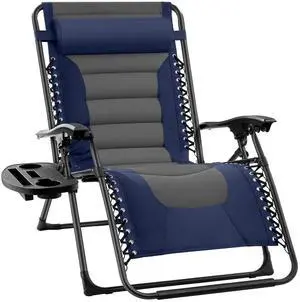 Oversized Padded Zero Gravity Chair, Folding Outdoor Patio Recliner, XL Anti Gravity Lounger for Backyard w/Headrest, Cup Holder, Side Tray, Polyester Mesh - Navy/Gray Oversized Padded Zero Gravity Chair, Folding Outdoor Patio Recliner, XL Anti Gravity Lounger for Backyard w/Headrest, Cup Holder, Side Tray, Polyester Mesh - Navy/Gray