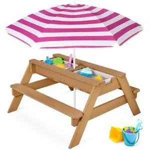 Kids Picnic Table with Umbrella, 3-in-1 Sand & Water Table, Outdoor Convertible Picnic Table for Toddlers, Seats 4, Removable Top, 2 Buckets - Fuchsia Kids Picnic Table with Umbrella, 3-in-1 Sand & Water Table, Outdoor Convertible Picnic Table for Toddlers, Seats 4, Removable Top, 2 Buckets - Fuchsia