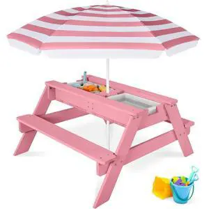 Kids Picnic Table with Umbrella, 3-in-1 Sand & Water Table, Outdoor Convertible Picnic Table for Toddlers, Seats 4, Removable Top, 2 Buckets - Pink Kids Picnic Table with Umbrella, 3-in-1 Sand & Water Table, Outdoor Convertible Picnic Table for Toddlers, Seats 4, Removable Top, 2 Buckets - Pink