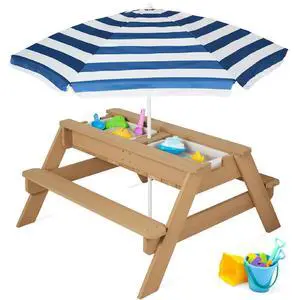 Kids Picnic Table with Umbrella, 3-in-1 Sand & Water Table, Outdoor Convertible Picnic Table for Toddlers, Seats 4, Removable Top, 2 Buckets - Navy Kids Picnic Table with Umbrella, 3-in-1 Sand & Water Table, Outdoor Convertible Picnic Table for Toddlers, Seats 4, Removable Top, 2 Buckets - Navy