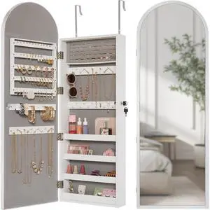 Arch Mirror Jewelry Cabinet, Jewelry Storage Organizer, Armoire, Lockable Wall or Door Mountable, Full-Length Mirror - Silver Arch Mirror Jewelry Cabinet, Jewelry Storage Organizer, Armoire, Lockable Wall or Door Mountable, Full-Length Mirror - Silver