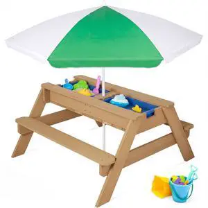 Kids 3-in-1 Sand & Water Table, Wood Outdoor Convertible Picnic Table w/Umbrella, 2 Trays, Removable Top - Green Kids 3-in-1 Sand & Water Table, Wood Outdoor Convertible Picnic Table w/Umbrella, 2 Trays, Removable Top - Green