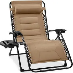 Oversized Padded Zero Gravity Chair, Folding Outdoor Patio Recliner, XL Anti Gravity Lounger for Backyard w/Headrest, Cup Holder, Side Tray, Polyester Mesh - Beige Oversized Padded Zero Gravity Chair, Folding Outdoor Patio Recliner, XL Anti Gravity Lounger for Backyard w/Headrest, Cup Holder, Side Tray, Polyester Mesh - Beige