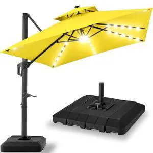 9x12ft LED Cantilever Patio Umbrella w/Base Included & 360° Rotation, Large Solar Offset Hanging Outdoor Sun Shade for Deck, Backyard Table w/Stand & Lights Yellow 9x12ft LED Cantilever Patio Umbrella w/Base Included & 360° Rotation, Large Solar Offset Hanging Outdoor Sun Shade for Deck, Backyard Table w/Stand & Lights Yellow