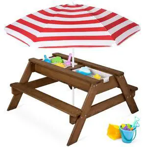 Kids Picnic Table with Umbrella, 3-in-1 Sand & Water Table, Outdoor Convertible Picnic Table for Toddlers, Seats 4, Removable Top, 2 Buckets - Red Kids Picnic Table with Umbrella, 3-in-1 Sand & Water Table, Outdoor Convertible Picnic Table for Toddlers, Seats 4, Removable Top, 2 Buckets - Red