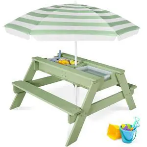 Kids Picnic Table with Umbrella, 3-in-1 Sand & Water Table, Outdoor Convertible Picnic Table for Toddlers, Seats 4, Removable Top, 2 Buckets - Sage Kids Picnic Table with Umbrella, 3-in-1 Sand & Water Table, Outdoor Convertible Picnic Table for Toddlers, Seats 4, Removable Top, 2 Buckets - Sage