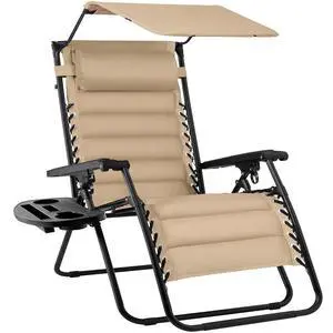 Oversized Padded Zero Gravity Chair w/Canopy Headrest Cup Holder Side Tray, Folding Outdoor Patio Recliner Lounger - Beige Oversized Padded Zero Gravity Chair w/Canopy Headrest Cup Holder Side Tray, Folding Outdoor Patio Recliner Lounger - Beige