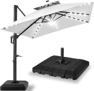 9x12ft LED Cantilever Patio Umbrella w/Base Included & 360° Rotation, Large Solar Offset Hanging Outdoor Sun Shade for Deck, Backyard Table w/Stand & Lights Fog Gray 9x12ft LED Cantilever Patio Umbrella w/Base Included & 360° Rotation, Large Solar Offset Hanging Outdoor Sun Shade for Deck, Backyard Table w/Stand & Lights Fog Gray
