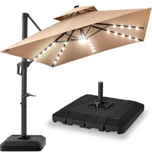 12x12ft LED Cantilever Patio Umbrella w/Base Included & 360° Rotation, Large Solar Offset Hanging Outdoor Sun Shade for Deck, Backyard Table w/Stand & Lights Tan 12x12ft LED Cantilever Patio Umbrella w/Base Included & 360° Rotation, Large Solar Offset Hanging Outdoor Sun Shade for Deck, Backyard Table w/Stand & Lights Tan