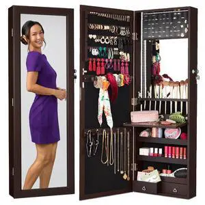 LED Mirror Jewelry Cabinet, Tall Lockable Wall or Door Mounted Jewelry Armoire Organizer with Mirror, 2 Drawers, Lock, Cosmetic Tray, Shelves - Espresso LED Mirror Jewelry Cabinet, Tall Lockable Wall or Door Mounted Jewelry Armoire Organizer with Mirror, 2 Drawers, Lock, Cosmetic Tray, Shelves - Espresso