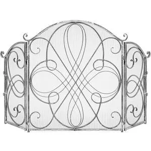3-Panel 55x33in Solid Wrought Iron See-Through Metal Fireplace Screen, Spark Guard Safety Protector w/Decorative Scroll - Pewter 3-Panel 55x33in Solid Wrought Iron See-Through Metal Fireplace Screen, Spark Guard Safety Protector w/Decorative Scroll - Pewter