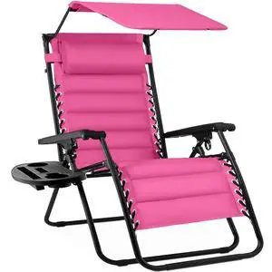 Oversized Padded Zero Gravity Chair w/Canopy Headrest Cup Holder Side Tray, Folding Outdoor Patio Recliner Lounger - Pink Oversized Padded Zero Gravity Chair w/Canopy Headrest Cup Holder Side Tray, Folding Outdoor Patio Recliner Lounger - Pink