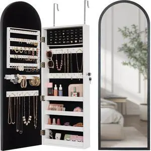 Arch Mirror Jewelry Cabinet, Jewelry Storage Organizer, Armoire, Lockable Wall or Door Mountable, Full-Length Mirror - Black Arch Mirror Jewelry Cabinet, Jewelry Storage Organizer, Armoire, Lockable Wall or Door Mountable, Full-Length Mirror - Black
