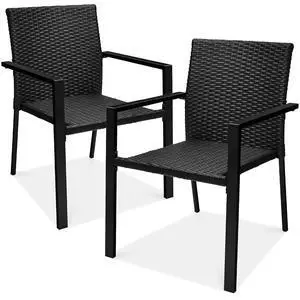 Set of 2 Stackable Outdoor Wicker Dining Chairs All-Weather Firepit Armchair w/Armrests, Steel Frame for Patio, Deck, Garden, Yard - Black Set of 2 Stackable Outdoor Wicker Dining Chairs All-Weather Firepit Armchair w/Armrests, Steel Frame for Patio, Deck, Garden, Yard - Black