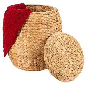 Vintage Multipurpose Hyacinth Storage Basket, Plant Décor, Handwoven Organizer Tote for Bedroom, Living Room, Bathroom, w/Lid - Natural Vintage Multipurpose Hyacinth Storage Basket, Plant Décor, Handwoven Organizer Tote for Bedroom, Living Room, Bathroom, w/Lid - Natural