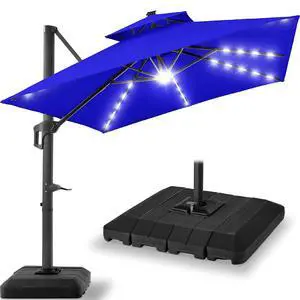 12x12ft LED Cantilever Patio Umbrella w/Base Included & 360° Rotation, Large Solar Offset Hanging Outdoor Sun Shade for Deck, Backyard Table w/Stand & Lights Resort Blue 12x12ft LED Cantilever Patio Umbrella w/Base Included & 360° Rotation, Large Solar Offset Hanging Outdoor Sun Shade for Deck, Backyard Table w/Stand & Lights Resort Blue