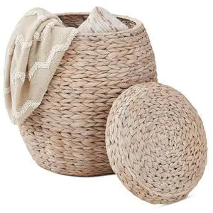 Multipurpose Hyacinth Storage Basket, Plant Décor, Handwoven Organizer Tote for Bedroom, Living Room, Nursery, w/Lid - Whitewash Multipurpose Hyacinth Storage Basket, Plant Décor, Handwoven Organizer Tote for Bedroom, Living Room, Nursery, w/Lid - Whitewash