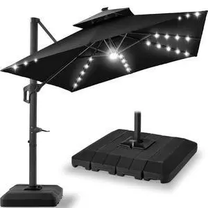 12x12ft LED Cantilever Patio Umbrella w/Base Included & 360° Rotation, Large Solar Offset Hanging Outdoor Sun Shade for Deck, Backyard Table w/Stand & Lights Black 12x12ft LED Cantilever Patio Umbrella w/Base Included & 360° Rotation, Large Solar Offset Hanging Outdoor Sun Shade for Deck, Backyard Table w/Stand & Lights Black